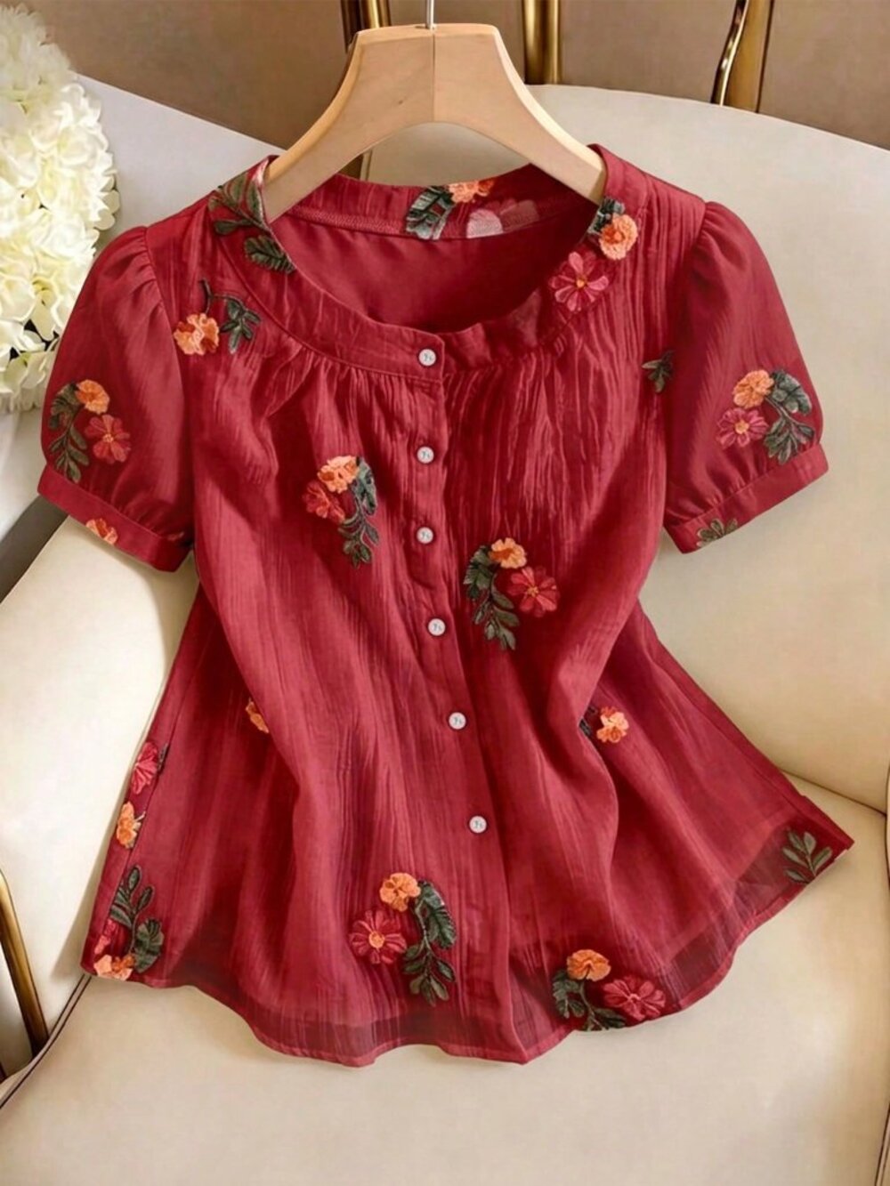 Red Boho Women's Exquisite Fresh Floral Embroidery Textured Round Neck Blouse